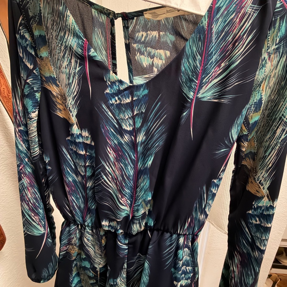 Feather-Print Navy Long-Sleeve Romper
